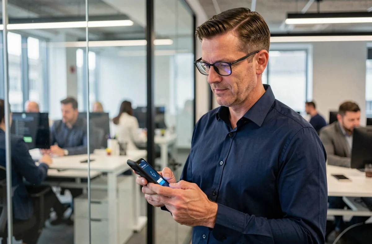 Homme en bureau tenant un smartphone affichant un code de double authentification pour récupérer un compte bloqué