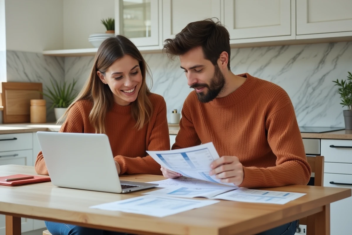 Couple gérant un compte joint et une épargne commune en consultant des documents financiers à domicile