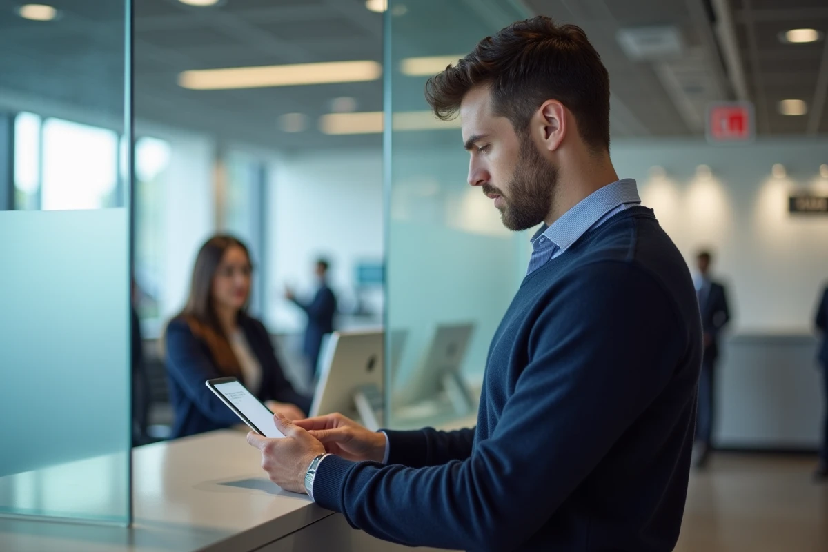 Client consultant un compte bancaire professionnel sur tablette dans une agence Caisse d'Épargne moderne