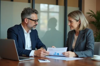Conseiller bancaire du Crédit Agricole présentant les conditions d'un compte à terme à une cliente dans une agence moderne