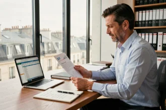 Conseiller financier analysant des documents de financement SCPI à crédit dans un bureau moderne à Paris