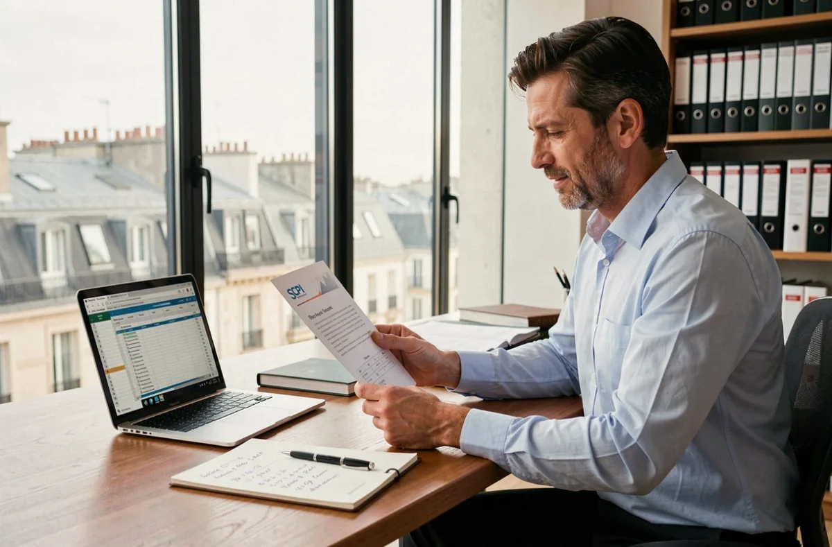 Conseiller financier analysant des documents de financement SCPI à crédit dans un bureau moderne à Paris