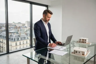 Conseiller en investissement locatif dans le Nord consultant des documents immobiliers dans un bureau moderne avec vue sur la ville