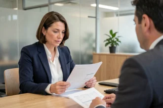 Femme consultant un conseiller bancaire CIC pour un investissement SCPI dans une agence moderne