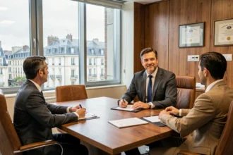 Un conseiller en gestion de patrimoine en Moselle rencontre ses clients dans un bureau moderne et professionnel
