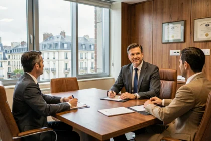 Un conseiller en gestion de patrimoine en Moselle rencontre ses clients dans un bureau moderne et professionnel