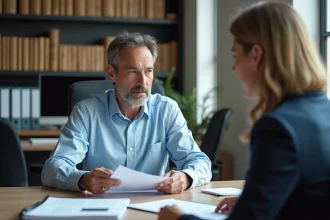 Un homme discutant de son dossier de rente accident du travail avec un conseiller dans un bureau administratif