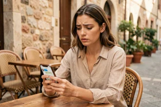 Femme utilisant son smartphone pour contacter le service client Lydia depuis l'étranger dans un café européen