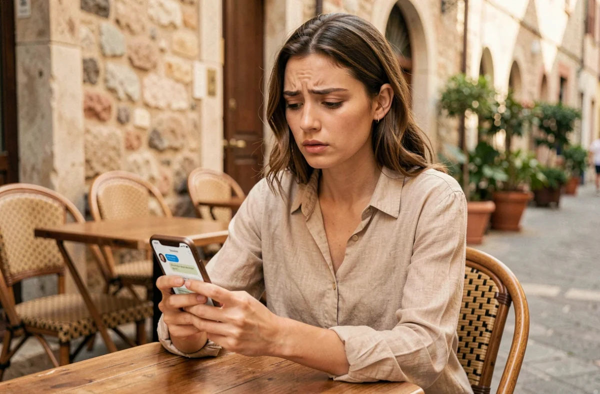 Femme utilisant son smartphone pour contacter le service client Lydia depuis l'étranger dans un café européen