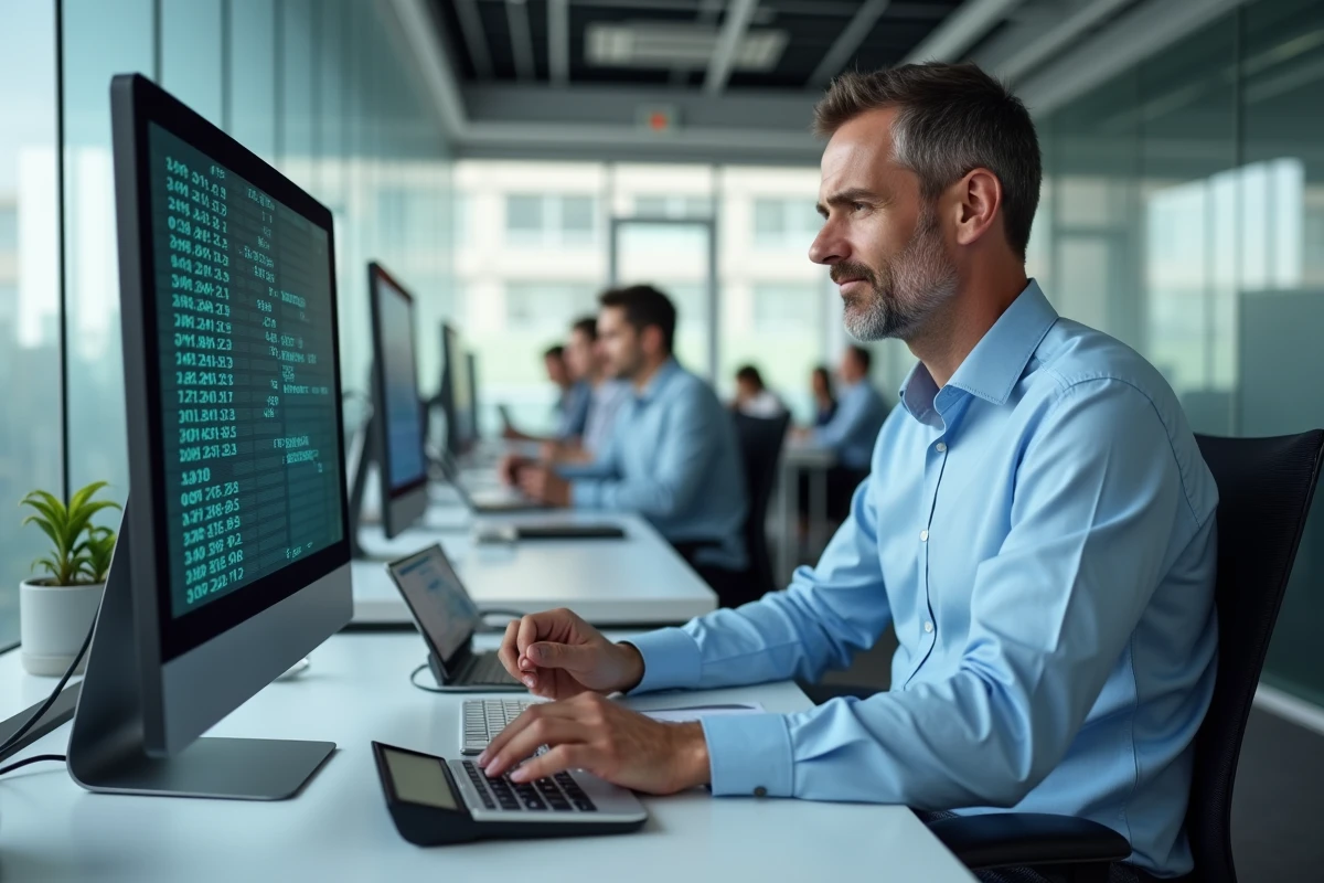 Homme en bureau utilisant une calculatrice et un tableur pour convertir des minutes en heures centièmes au travail