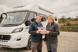 Couple de seniors consultant les documents d'assurance camping-car FFCC devant leur véhicule garé à la campagne