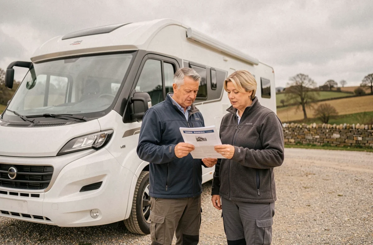 Couple de seniors consultant les documents d'assurance camping-car FFCC devant leur véhicule garé à la campagne