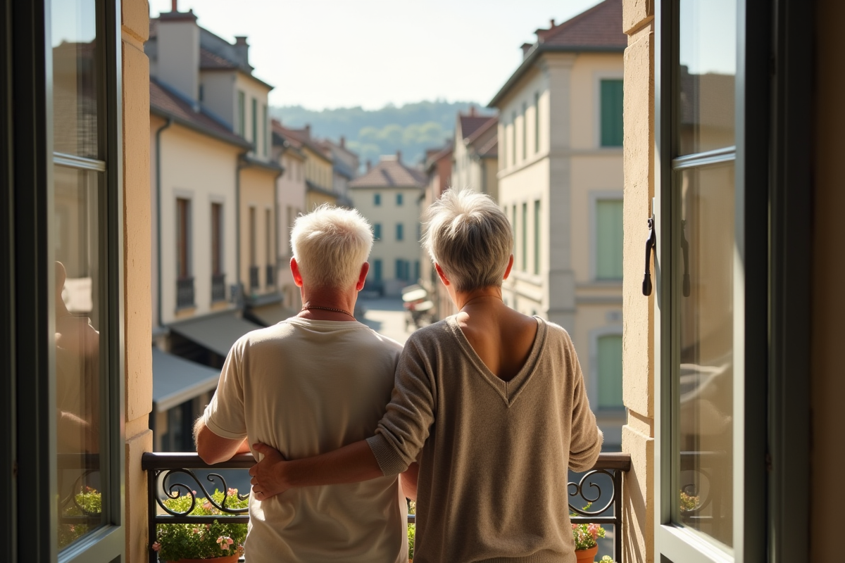 Couple retraitée regardant le village depuis un balcon