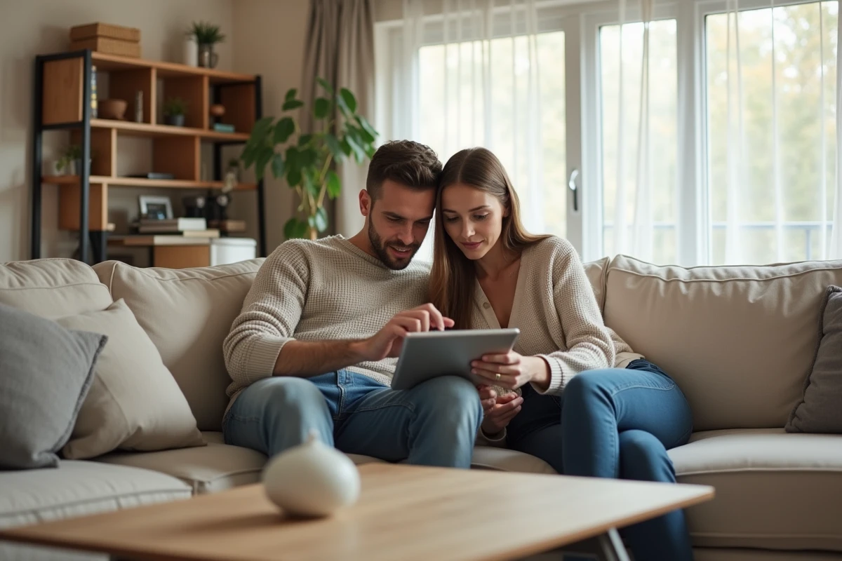 Couple comparant les options de paiement Freebox et forfait mobile Free sur une tablette dans un salon