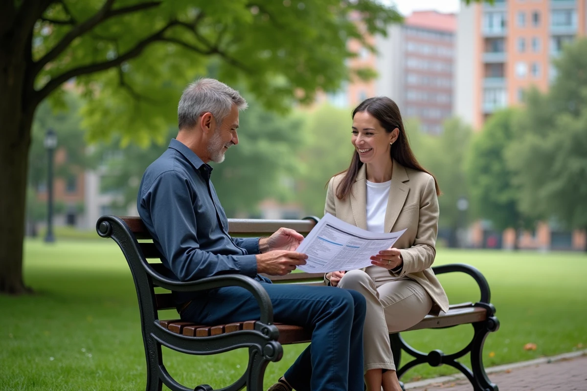 Couple discutant de finances dans un parc urbain