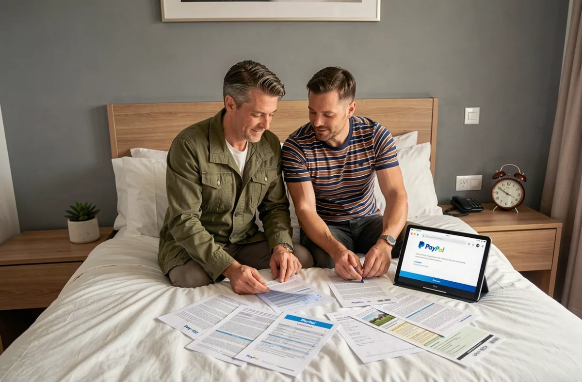 Couple en hôtel examinant les documents d'assurance voyage liée à un paiement PayPal