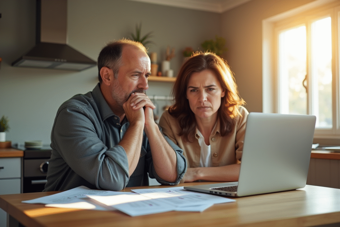 Couple inquiet dans la cuisine avec documents et ordinateur