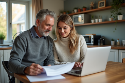 Couple de milieu d'âge lisant des papiers dans la cuisine