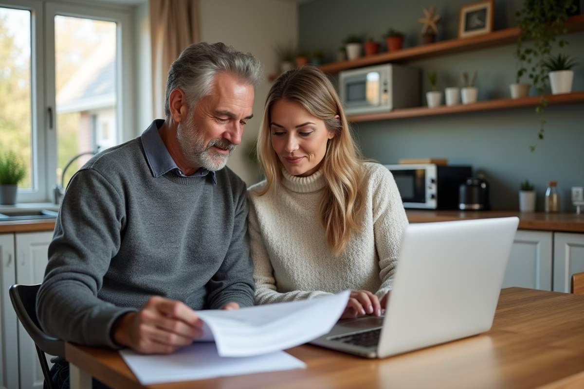 Couple de milieu d'âge lisant des papiers dans la cuisine