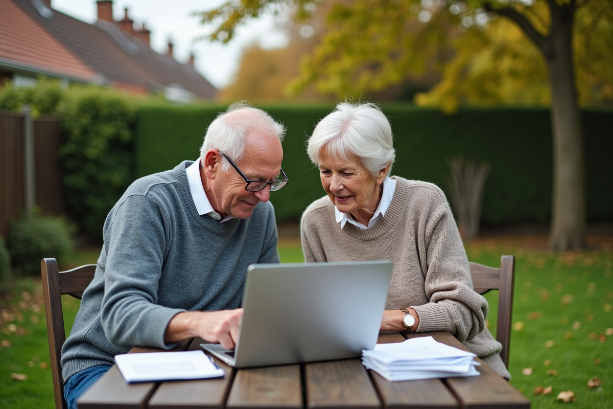 Couple de seniors consulte un ordinateur dans un jardin