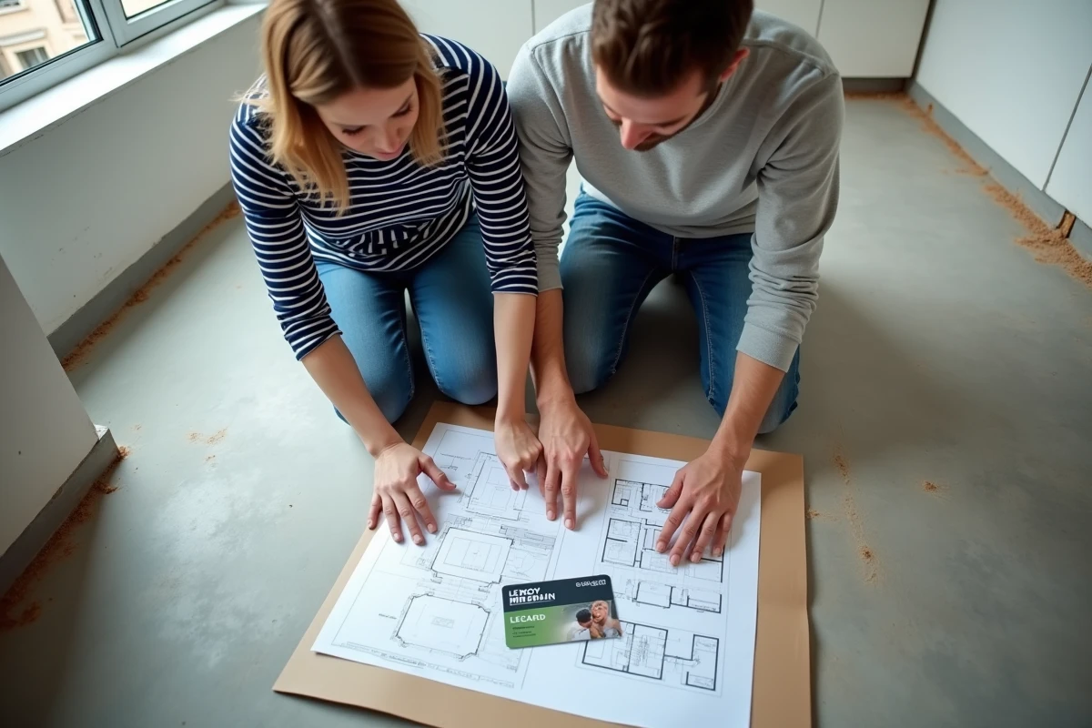 Couple planifiant l'équipement de leur première maison avec une carte illicado Leroy Merlin, un catalogue et un plan au sol sur un parquet brut