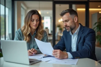 Couple d'adultes en réunion de retraite au bureau