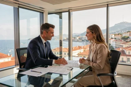 Courtier en crédit immobilier en réunion avec un couple dans un bureau moderne avec vue sur la Méditerranée à Nice