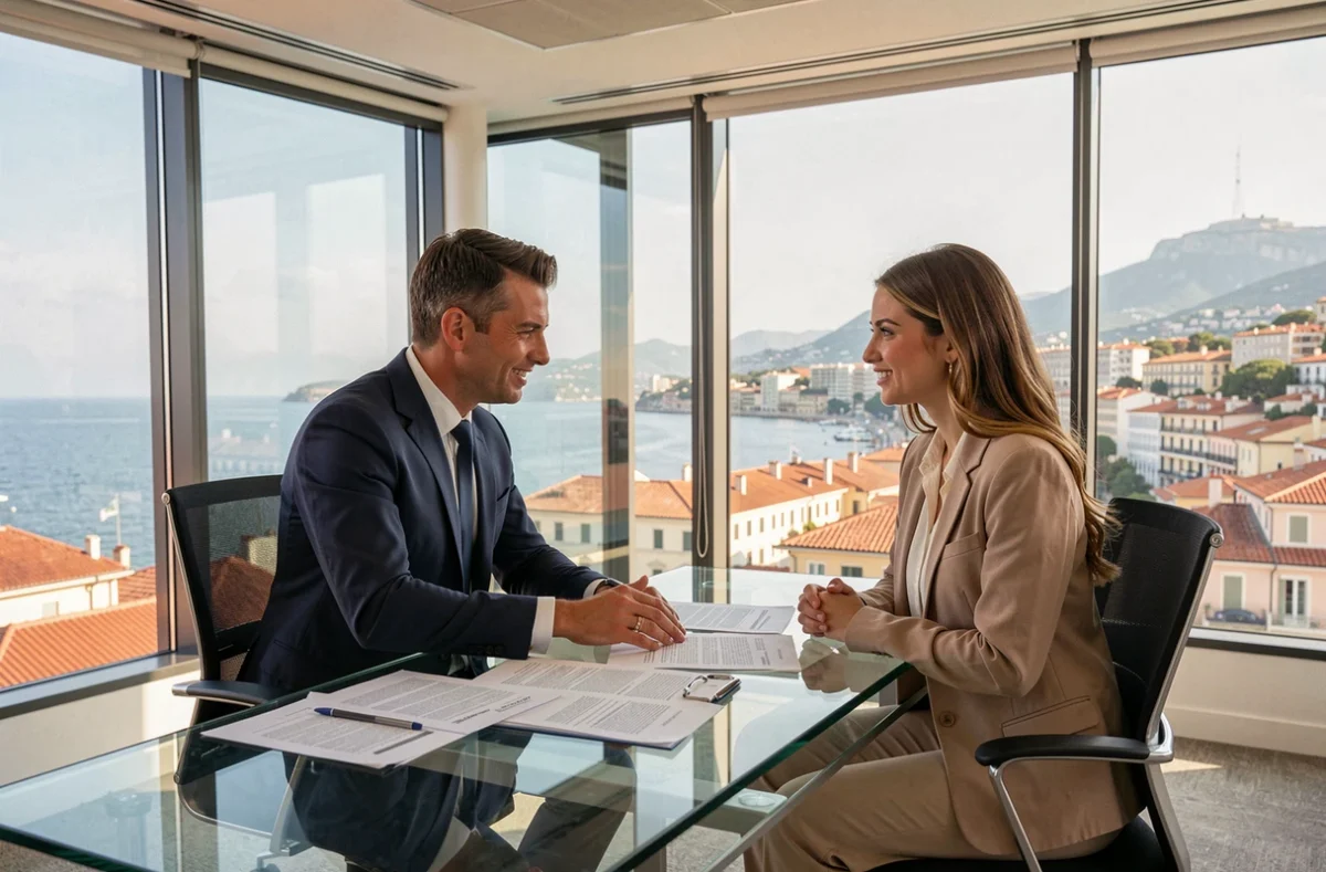 Courtier en crédit immobilier en réunion avec un couple dans un bureau moderne avec vue sur la Méditerranée à Nice
