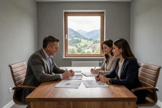 Un conseiller en courtage immobilier rencontre un couple dans un bureau moderne avec vue sur les collines du Jura