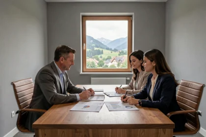 Un conseiller en courtage immobilier rencontre un couple dans un bureau moderne avec vue sur les collines du Jura