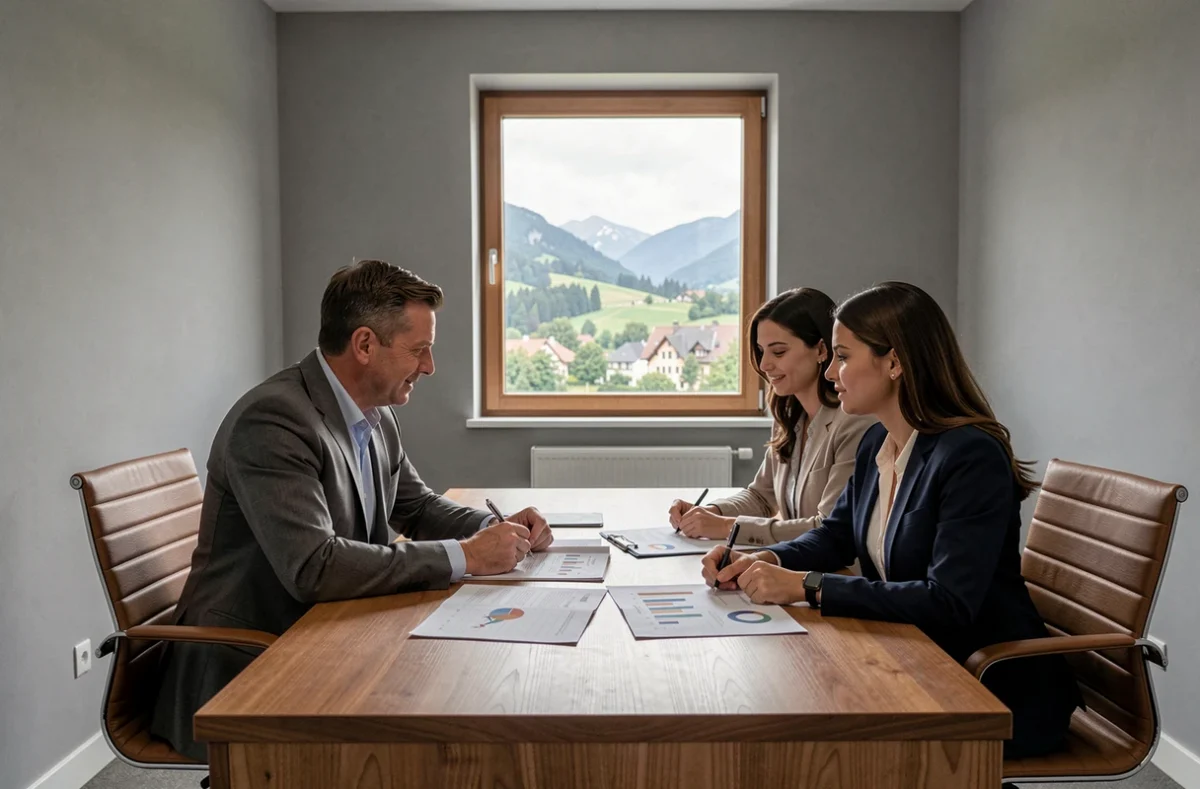 Un conseiller en courtage immobilier rencontre un couple dans un bureau moderne avec vue sur les collines du Jura