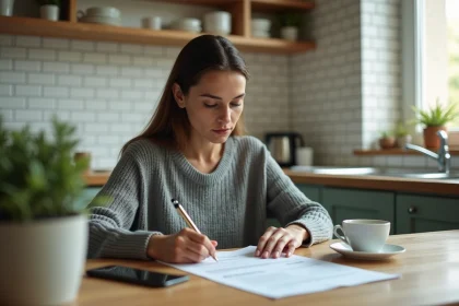 Femme remplissant un formulaire administratif de déclaration de changement de situation pour le RSA