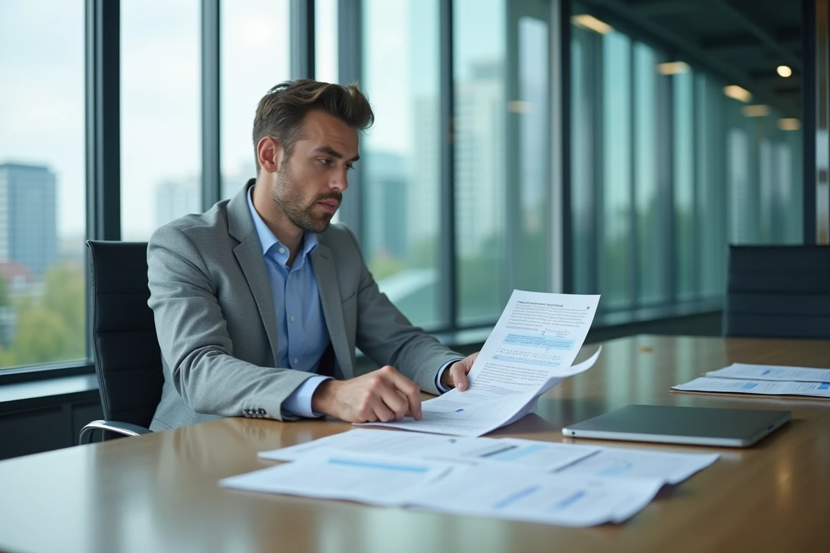 Jeune responsable politique masculin consultant des documents financiers dans un bureau parlementaire moderne avec vue sur la ville, évoquant le décryptage du salaire politique en 2026