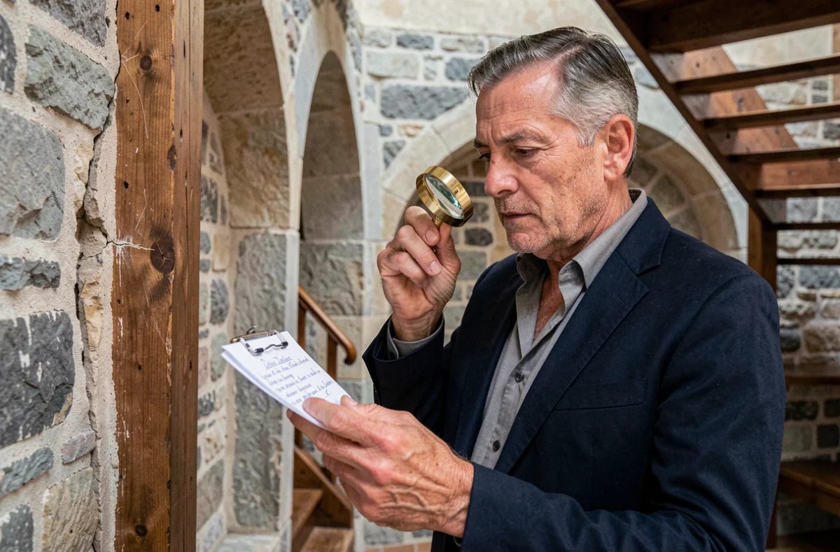 Didier Delamare, expert immobilier, examinant une fissure structurelle dans les murs en pierre d'une propriété normande historique avec une loupe