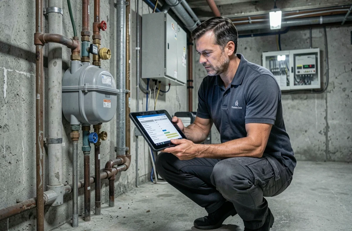 Diagnostiqueur immobilier de Dimo Diagnostic réalisant un audit énergétique dans la cave d'un immeuble résidentiel