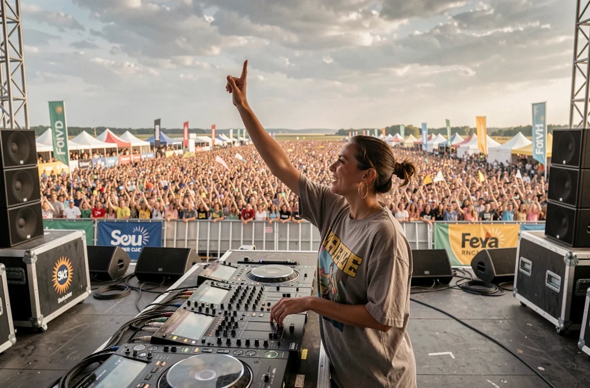 DJette sur scène lors d'un grand festival estival en plein air, représentant les cachets élevés des DJs de festival en 2026