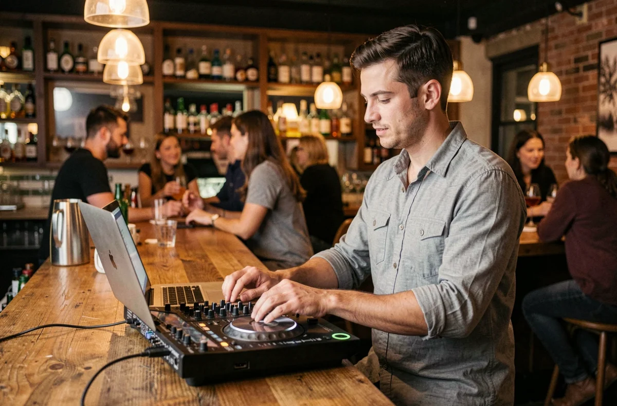 DJ en résidence dans un bar tendance avec une petite console, illustrant les salaires des DJs en bar et petite salle en 2026