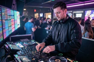 DJ professionnel derrière sa console Pioneer dans un club de nuit, illustrant les salaires et cachets des DJs en club en 2026
