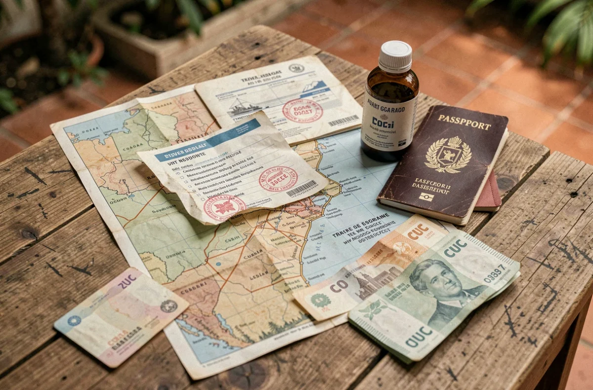 Documents de voyage épars sur une table en bois à Cuba incluant passeport, carte touristique et formulaire d'assurance froissé, symbolisant les risques d'un voyage non assuré