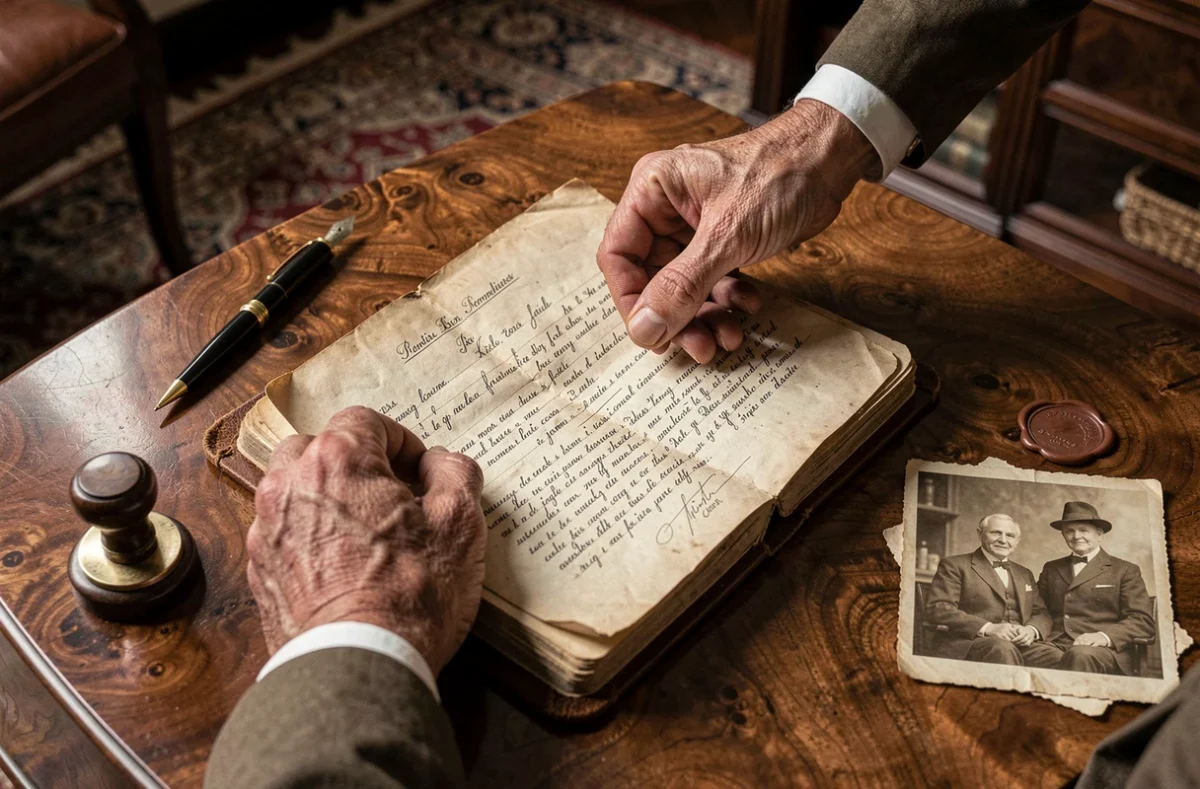Documents patrimoniaux et objets d'héritage familial sur une table ancienne symbolisant la transmission de fortune