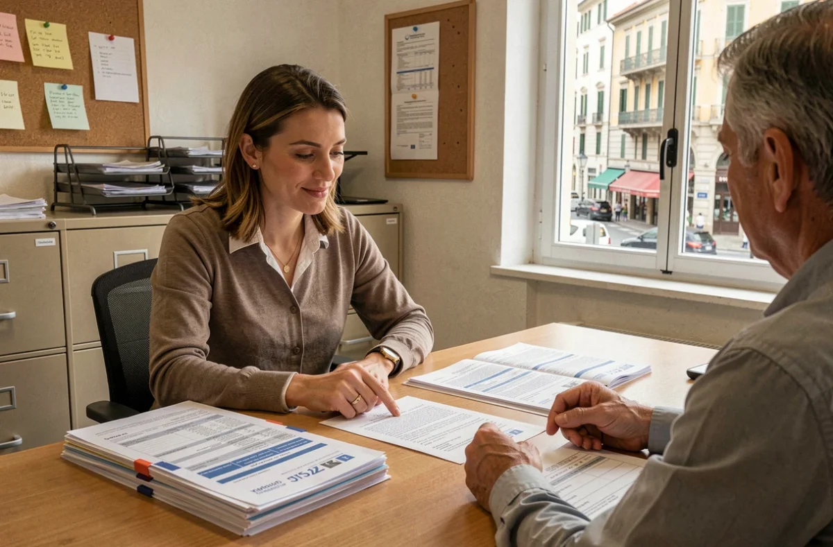Conseillère Easy-Finance Nice accompagnant un client aux finances complexes dans l'analyse de ses documents de prêt