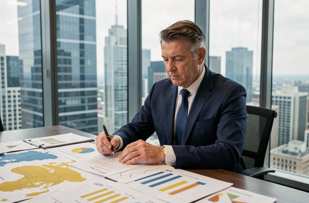 Économiste analysant des graphiques de PIB et des cartes économiques mondiales dans un bureau moderne avec vue sur la ville