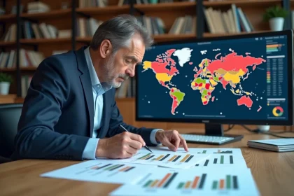 Économiste analysant des graphiques de classement des pays par PIB sur son bureau universitaire