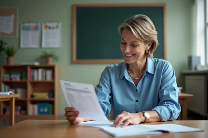 Professeure femme examine une fiche de paie dans sa classe