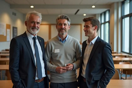 Trois enseignants français discutant dans un lounge moderne