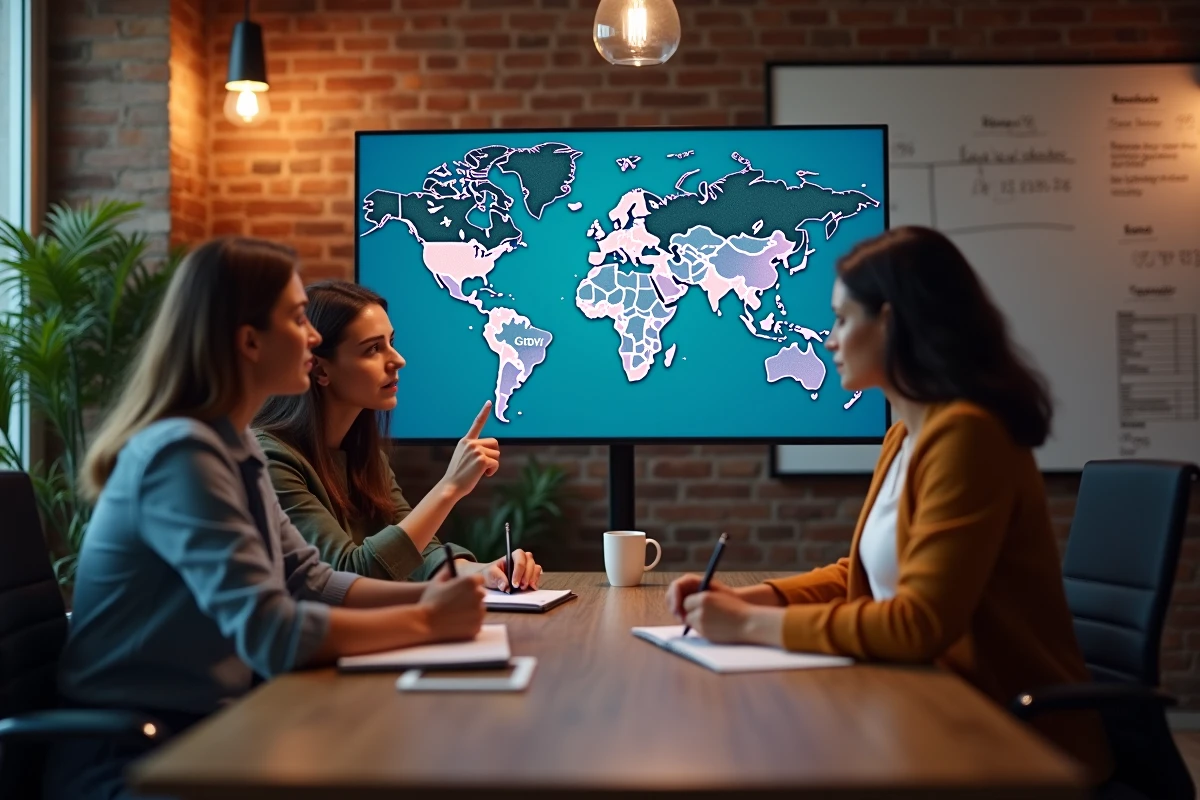 Équipe de professionnels analysant l'évolution du classement des pays par PIB sur un écran interactif