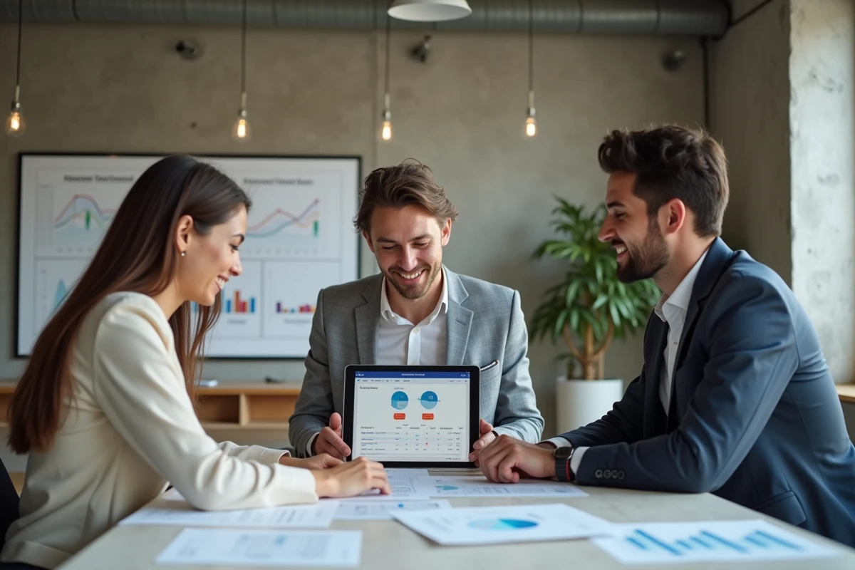 Équipe professionnelle collaborant sur la centralisation des opérations bancaires autour d'une table de réunion moderne