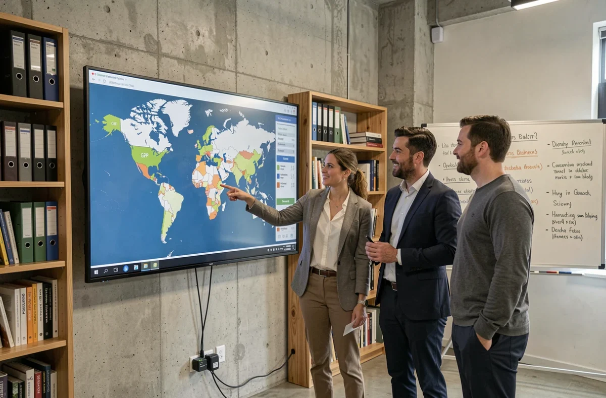 Équipe de professionnels discutant d'un classement mondial du PIB sur un écran interactif dans un espace de travail collaboratif