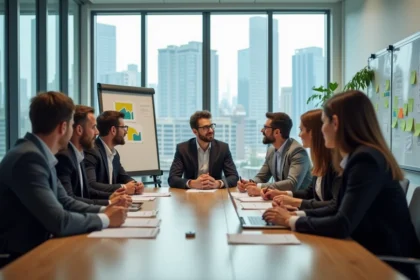 Groupe de professionnels en réunion stratégie