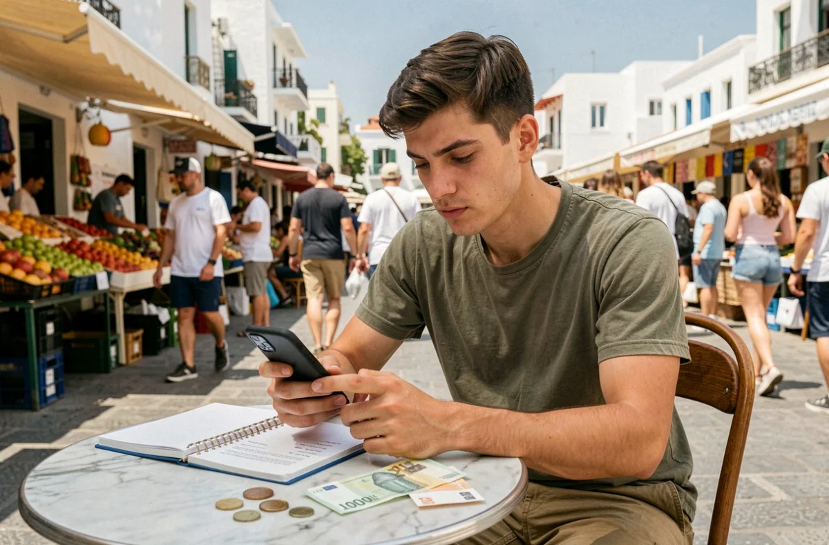 Étudiant en séjour linguistique gérant son budget quotidien avec une application bancaire dans un café grec
